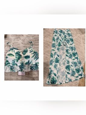 Leaf-Print Two-Piece Women’s Skirt Set in Teal Green